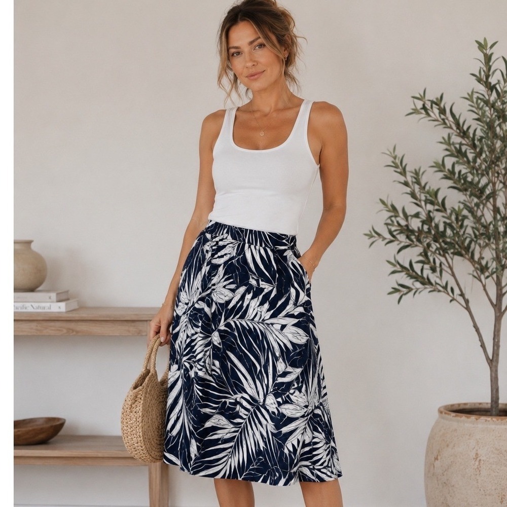 Chicos Blooming Palms Kris Maxi Skirt Navy White Tropical Leaf Print Size 2 NWT